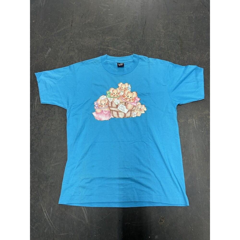 Vintage Fruit Of The Look Hog Wash T-Shirt Pigs In A Tub Blue Size Large